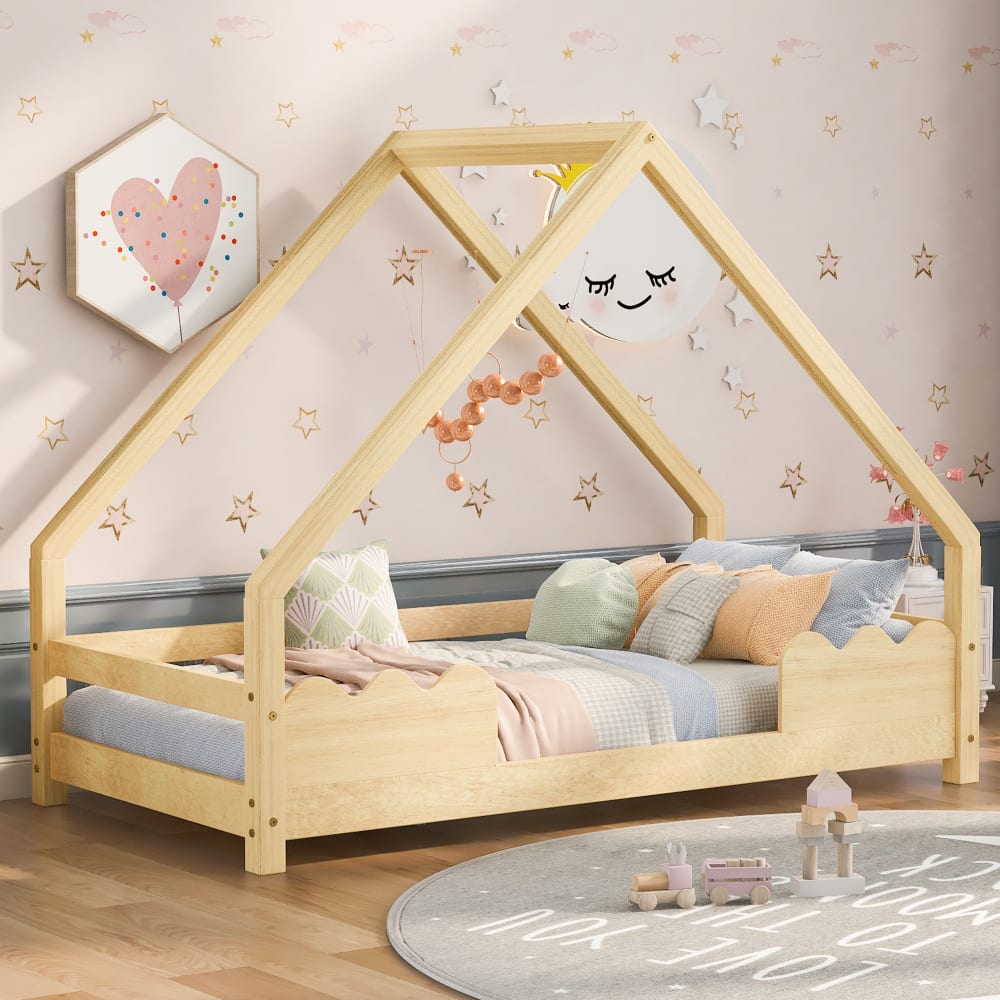 MODFU Hausbett Holz 90x200 cm Hausform, naturfarben mit Zaun style modern GELB SPANPLATTE Baby