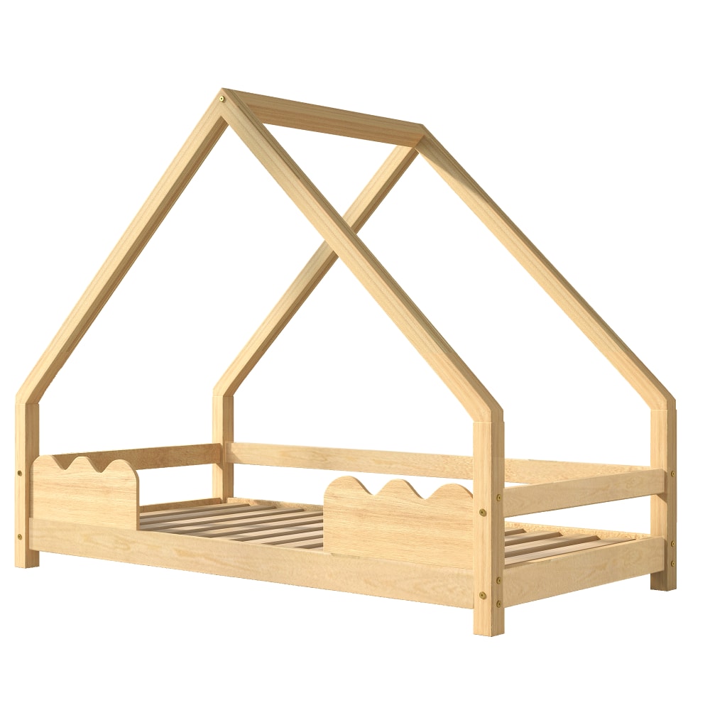 Lit enfant en bois naturel, 90x200 cm, en forme de maison