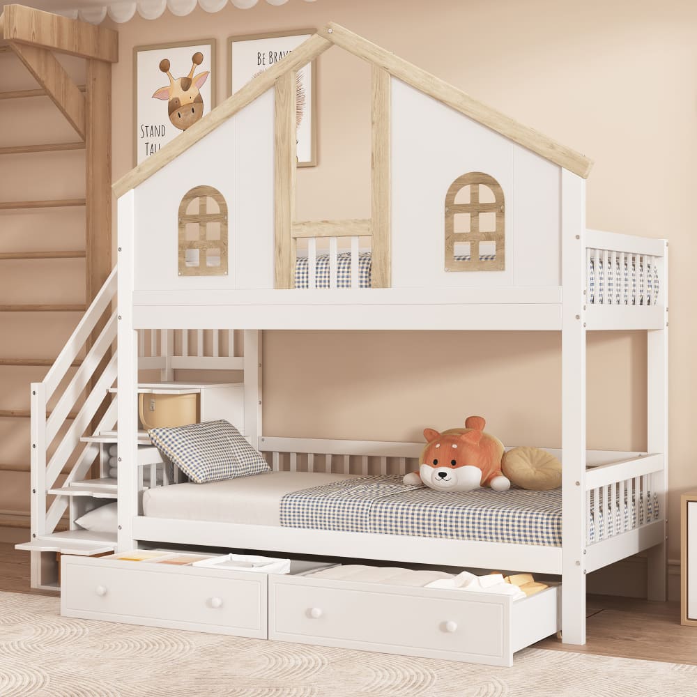 Hochbett aus Holz 90×200 cm, weiß mit 2 Schubladen - Maisons Du