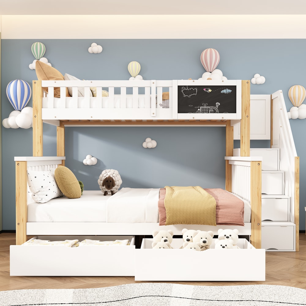 MODFU Etagenbett Holz 90x200+140x200 cm, weiß+helle Eiche mit Tafel style modern Holz Baby