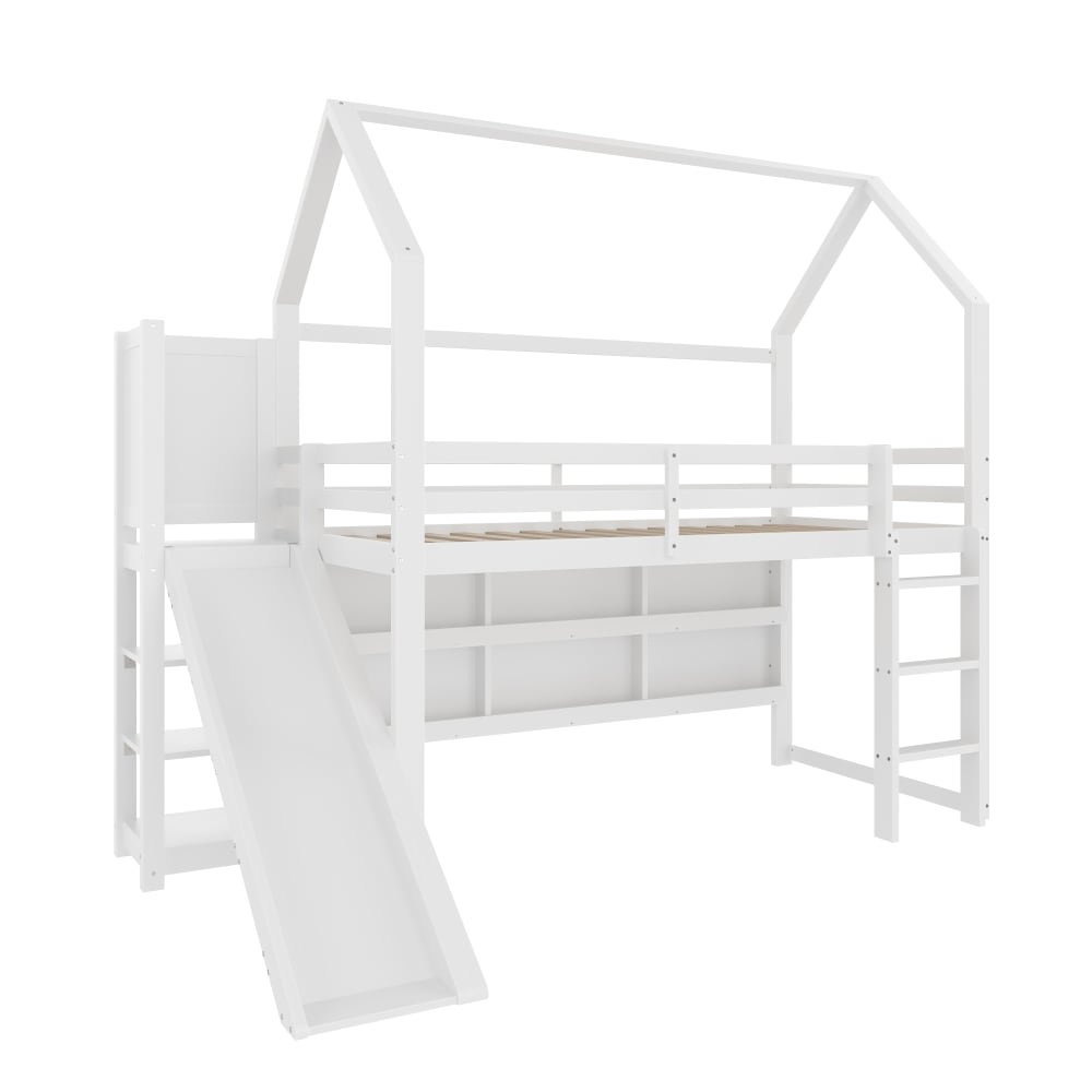 Hochbett Kiefer 90x200 cm, weiß mit LED und Lattenrost - Maisons