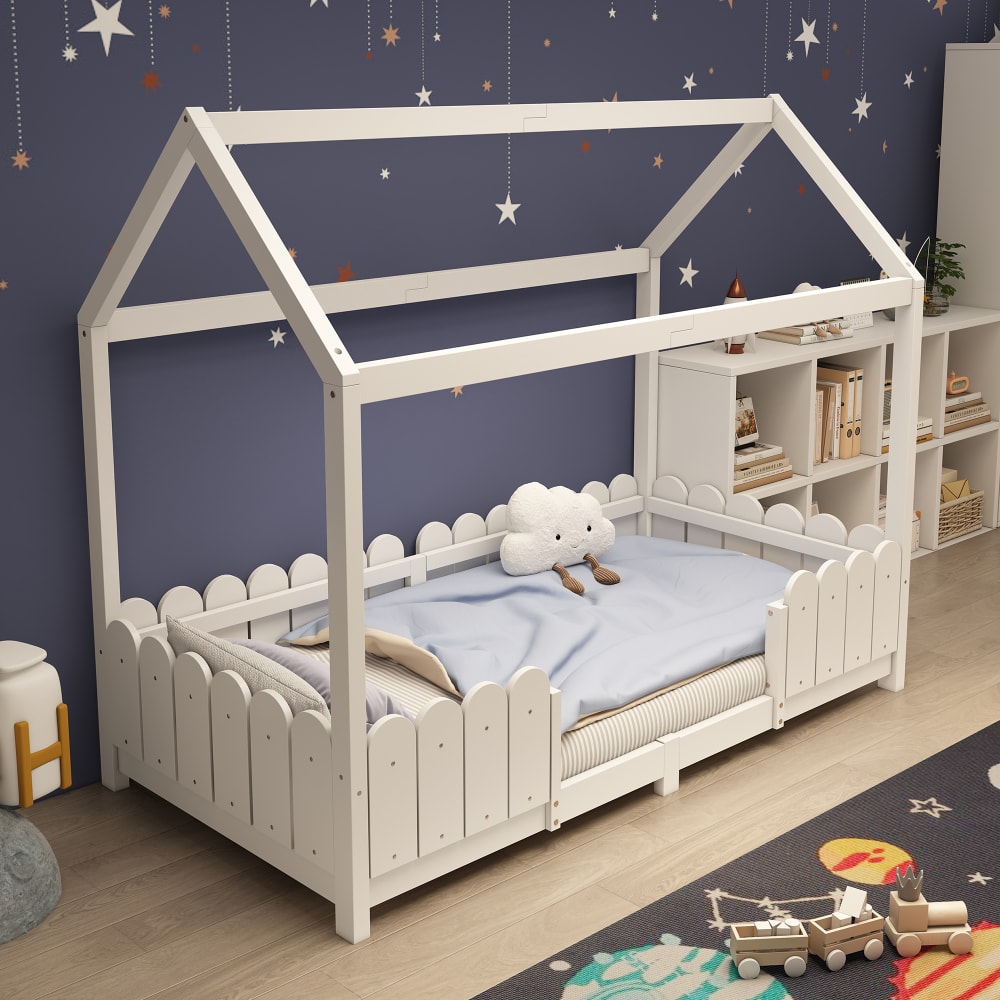 Kinderbett Holz 90x200 cm, weiß mit Tafel und Lattenrost -