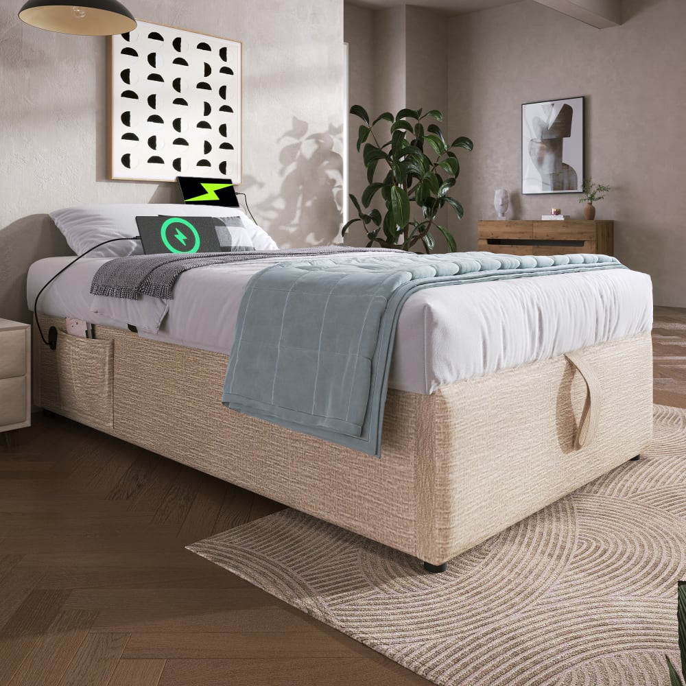 MODFU Kinderbett aus Leinen 90 x 200 cm mit USB-C-Ladefunktion, Natur style modern BEIGE LEINEN Baby