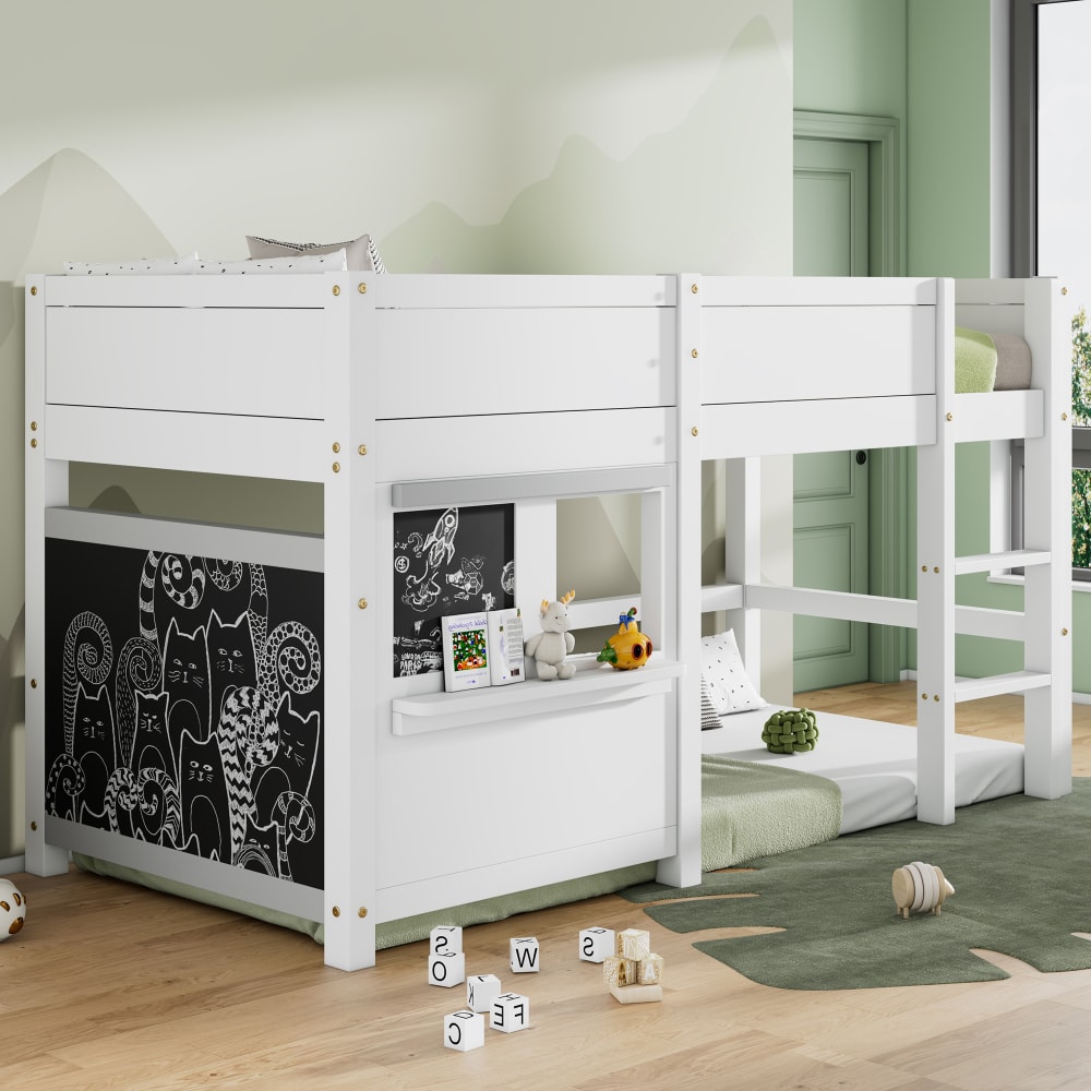 MODFU Etagenbett aus Holz 90x200cm weiß mit Tafel und kleines Regal style modern Spanplatte Baby