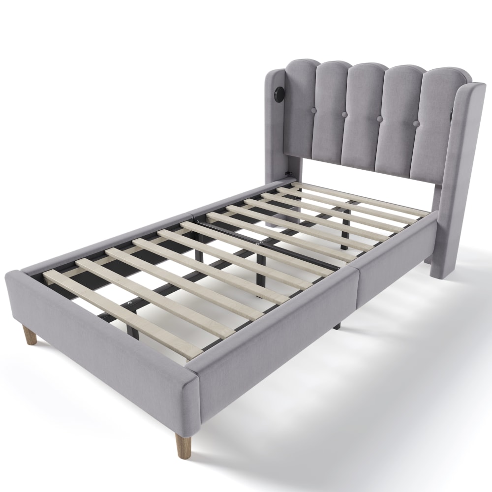 Kinderbett Leinen 90x200 cm, grau mit USB Typ C - Maisons Du