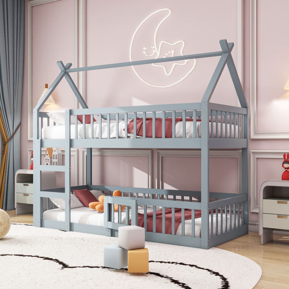 Kinder-Etagenbett holz 90x200 cm, grau mit treppe - Maisons Du