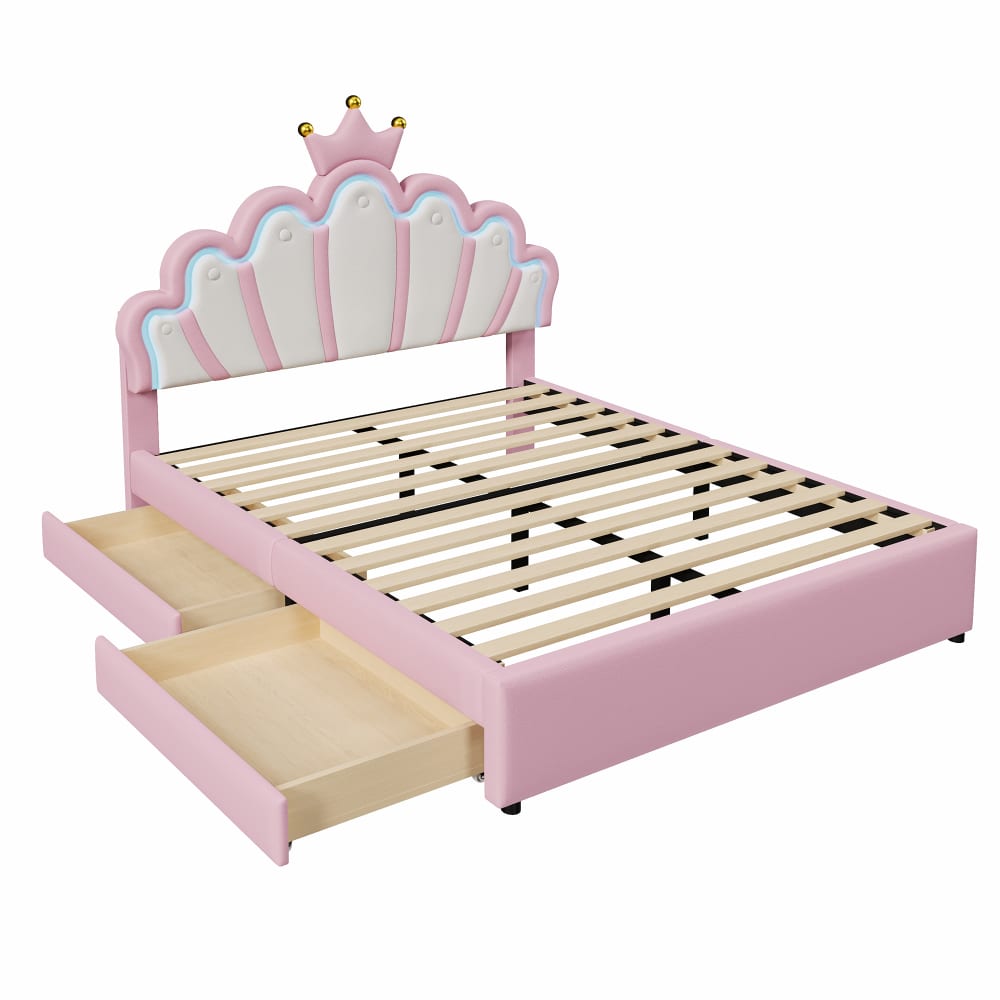 Lit enfant en similicuir - rose tiroirs