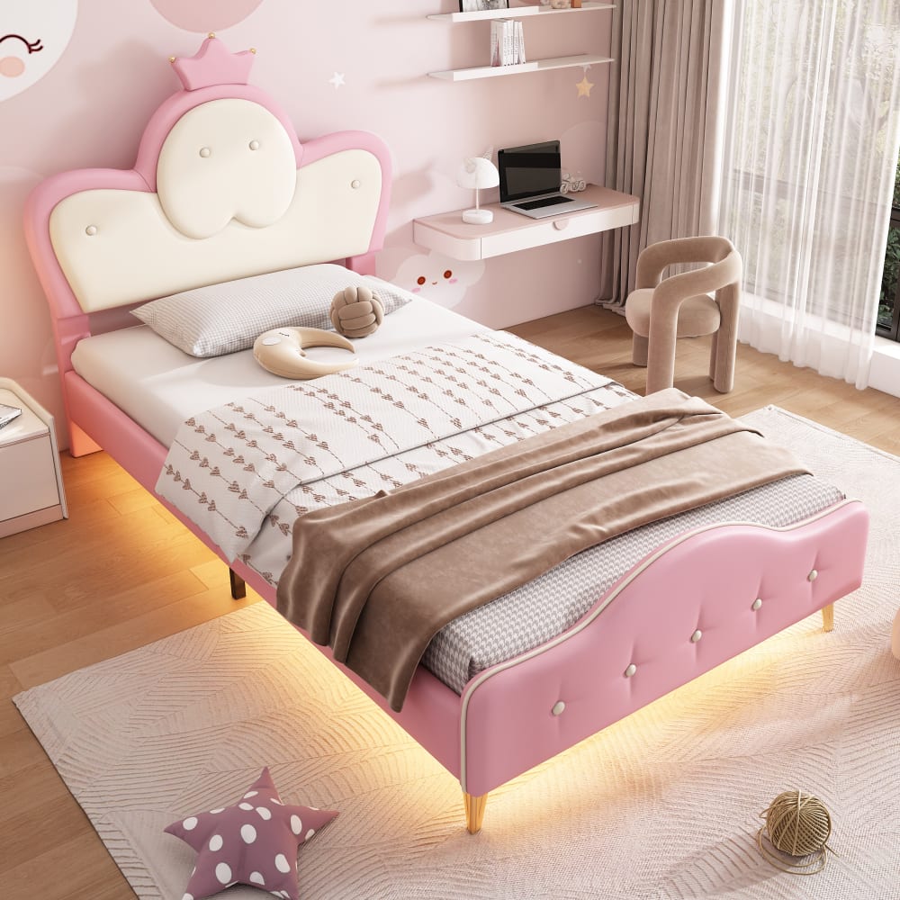 MODFU Kinderbett aus PU 90 x 200 cm mit LED-Lichtleiste, Rosa und Weiß style modern ROSA HARZ Baby