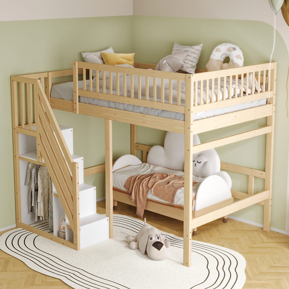 Hochbett Massivholz 140x200 cm, naturfarben mit Stauraum -