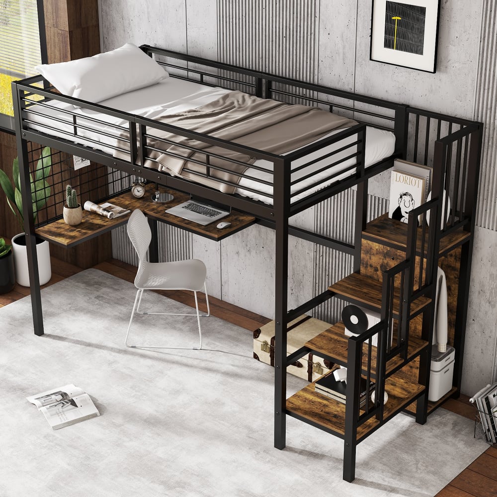 Kinderhochbett eisen 90x200cm, schwarz mit tisch und