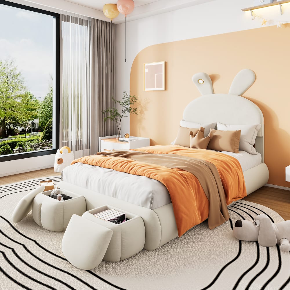 Samtbett 90×200 cm mit 2 Hockern, beiges mit Stauraum - Maisons