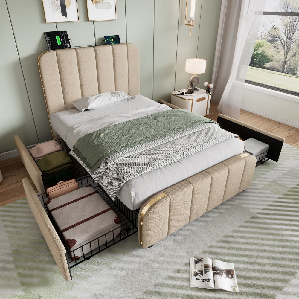 MODFU Kinderbett aus Leinen 90 x 200 cm mit USB Typ-C-Ladefunktion, Beige style modern BEIGE LEINEN Baby