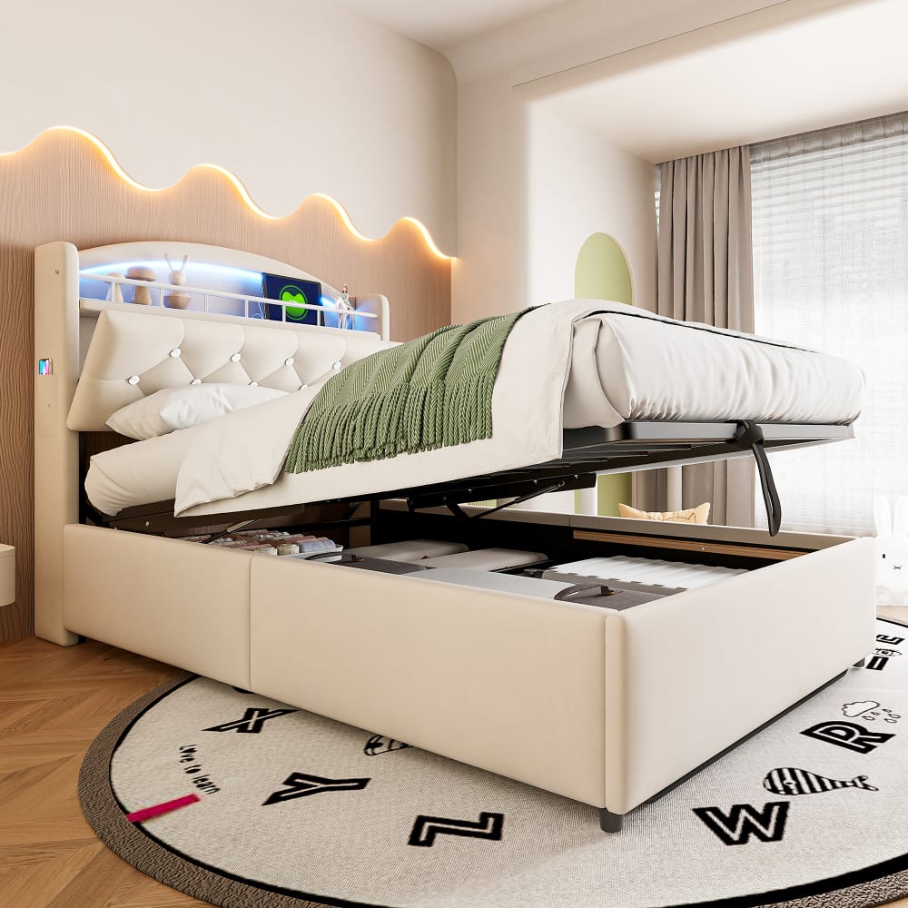 Stauraumbett Samt 90x200 cm, beige mit LED und USB - Maisons Du
