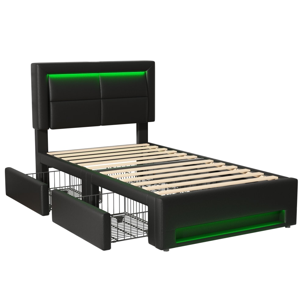 Lit enfant pu noir 90x200 - tiroirs