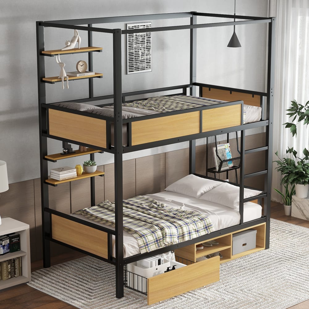 MODFU Etagenbett eisen 90x200 cm, Schwarz + Naturfarbe Doppeltes Lagerregal style modern SCHWARZ SPANPLATTE Baby