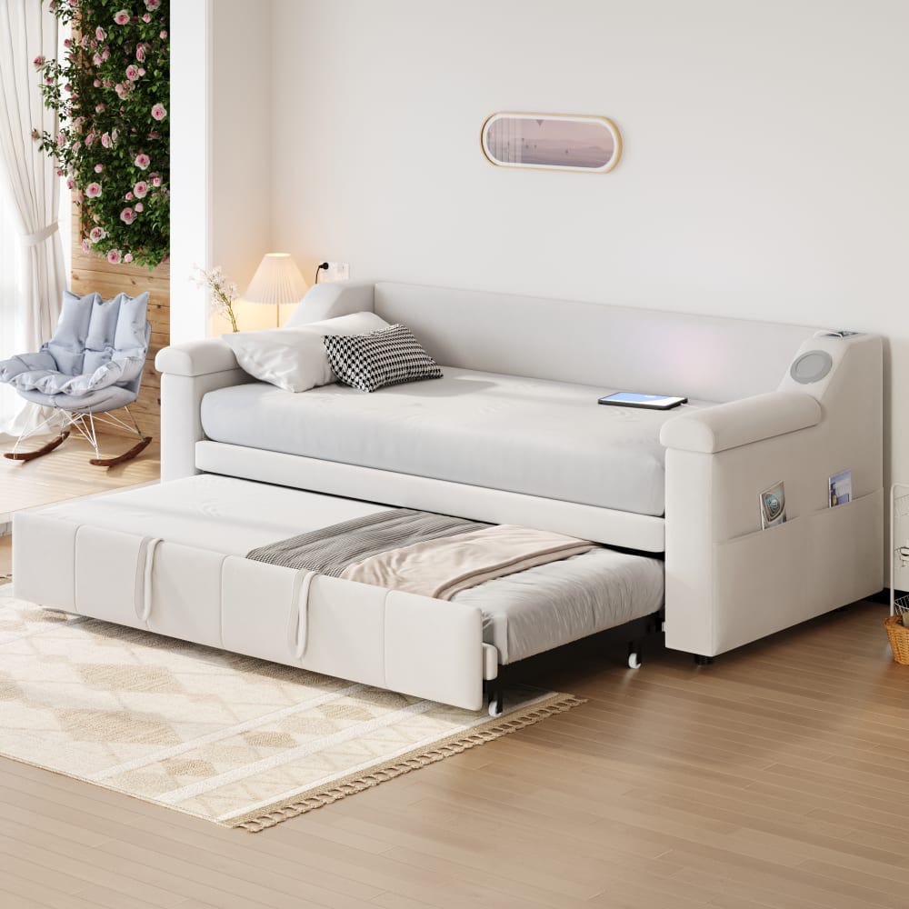 Schlafsofa Samt 90/180×190 cm, beiges mit Lattenrost - Maisons Du