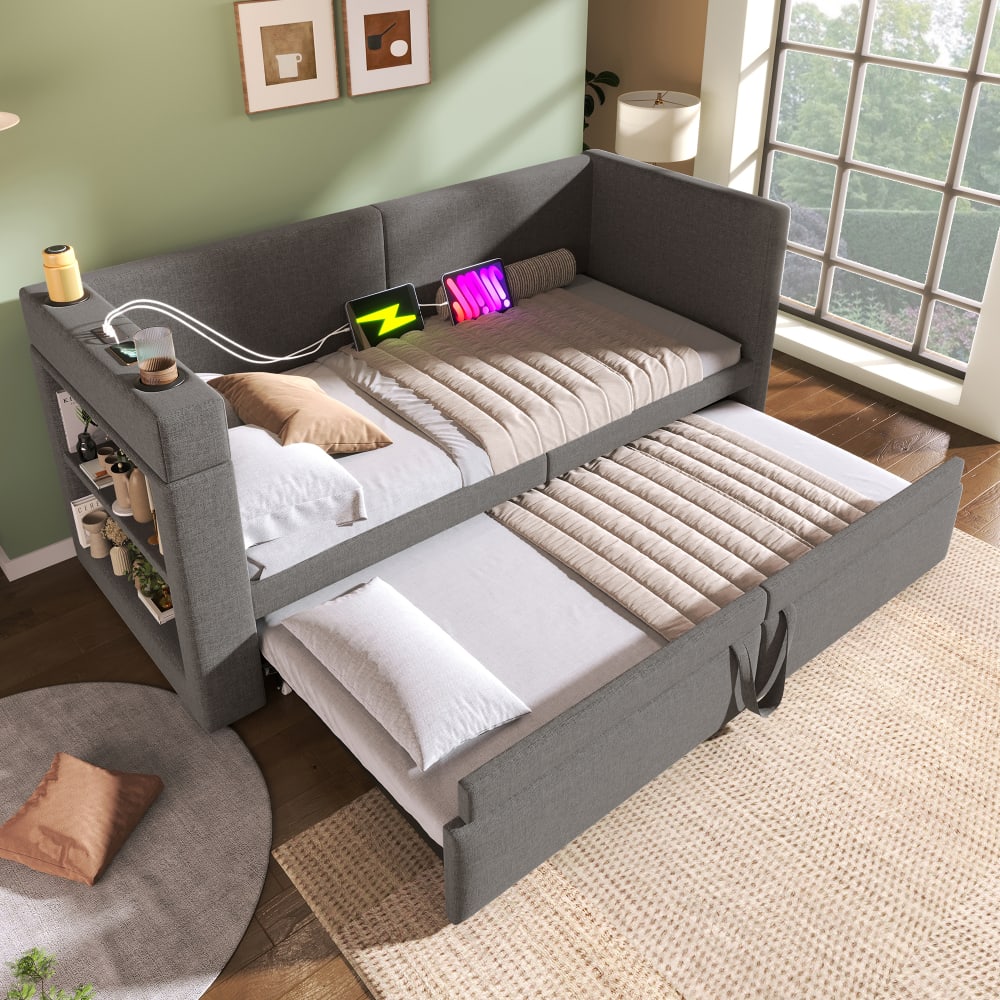 MODFU Kinder schlafsofa leinenmix 90x190 cm, grau mit ausziehbett style modern Baby -