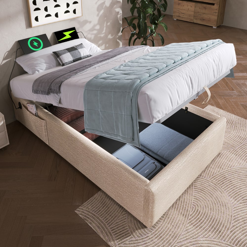 Kinderbett aus Leinen 90x190 cm mit USB-C-Anschluss, Beige+Natur