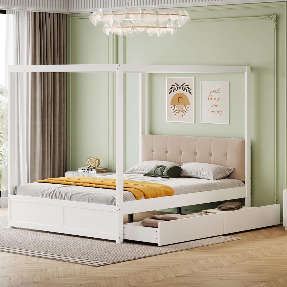 Kinderbett aus Holz 140x200 cm, weiß mit großen Schubladen -