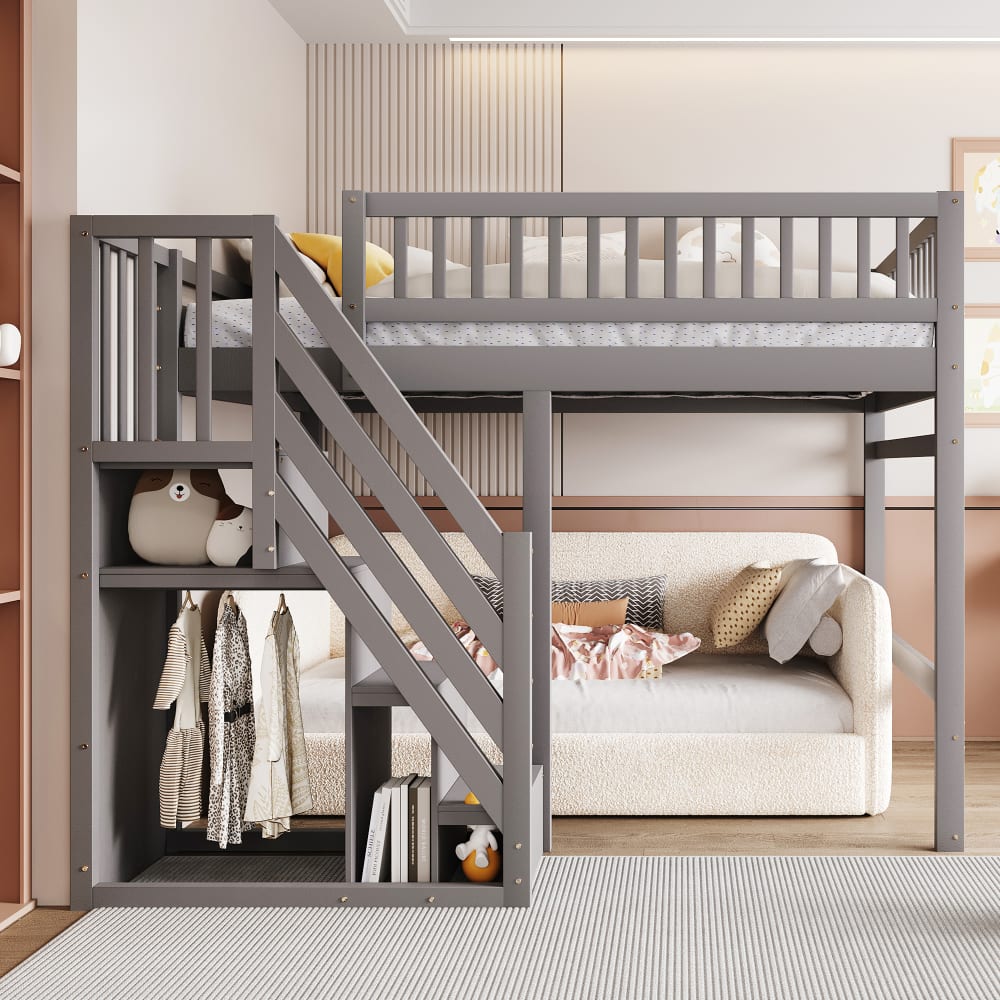 MODFU Hochbett Massivholz 140x200 cm, grau mit Stauraum style modern Spanplatte Baby