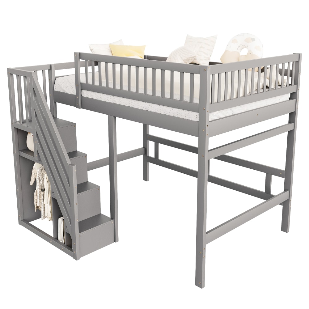 Lit enfant en bois 140x200 cm, avec rangement et barrière, gris