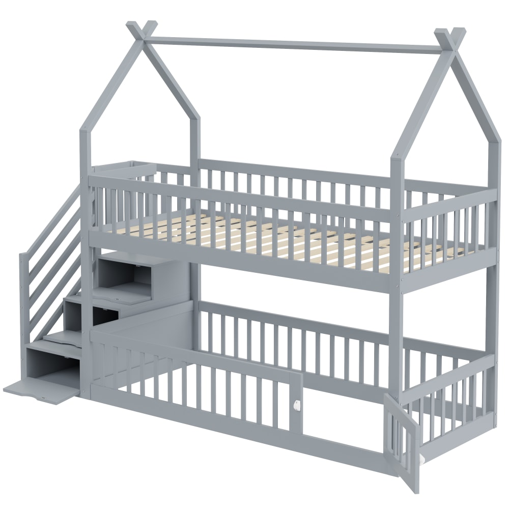 MODFU Lit superpos&eacute; enfant 90x200 cm avec escalier, 3 portes, en bois gris