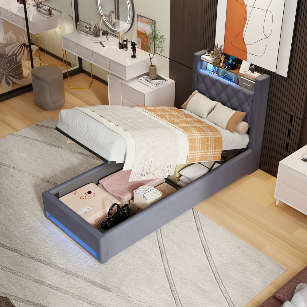 Polsterbett 90×200 Grau mit LED, USB, Steckdosen, Stauraum -