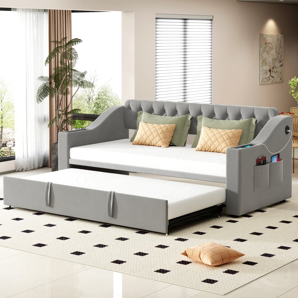 MODFU Samt-Schlafsofa 90/180x190 cm, grigio mit USB-Ladeanschluss style modern GRAU SAMT Baby