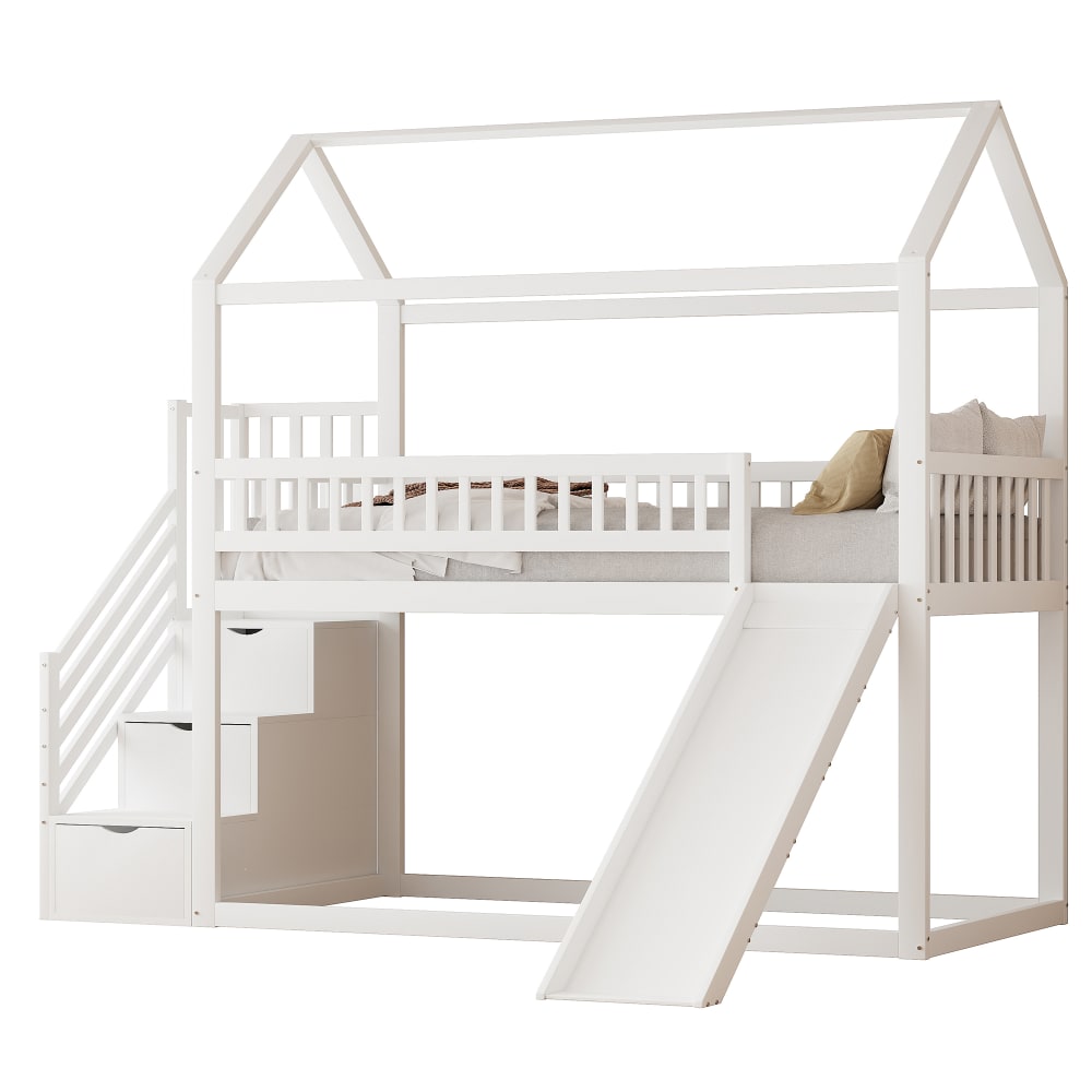 Lit superposé bois blanc 90x200 cm échelle rangement toboggan