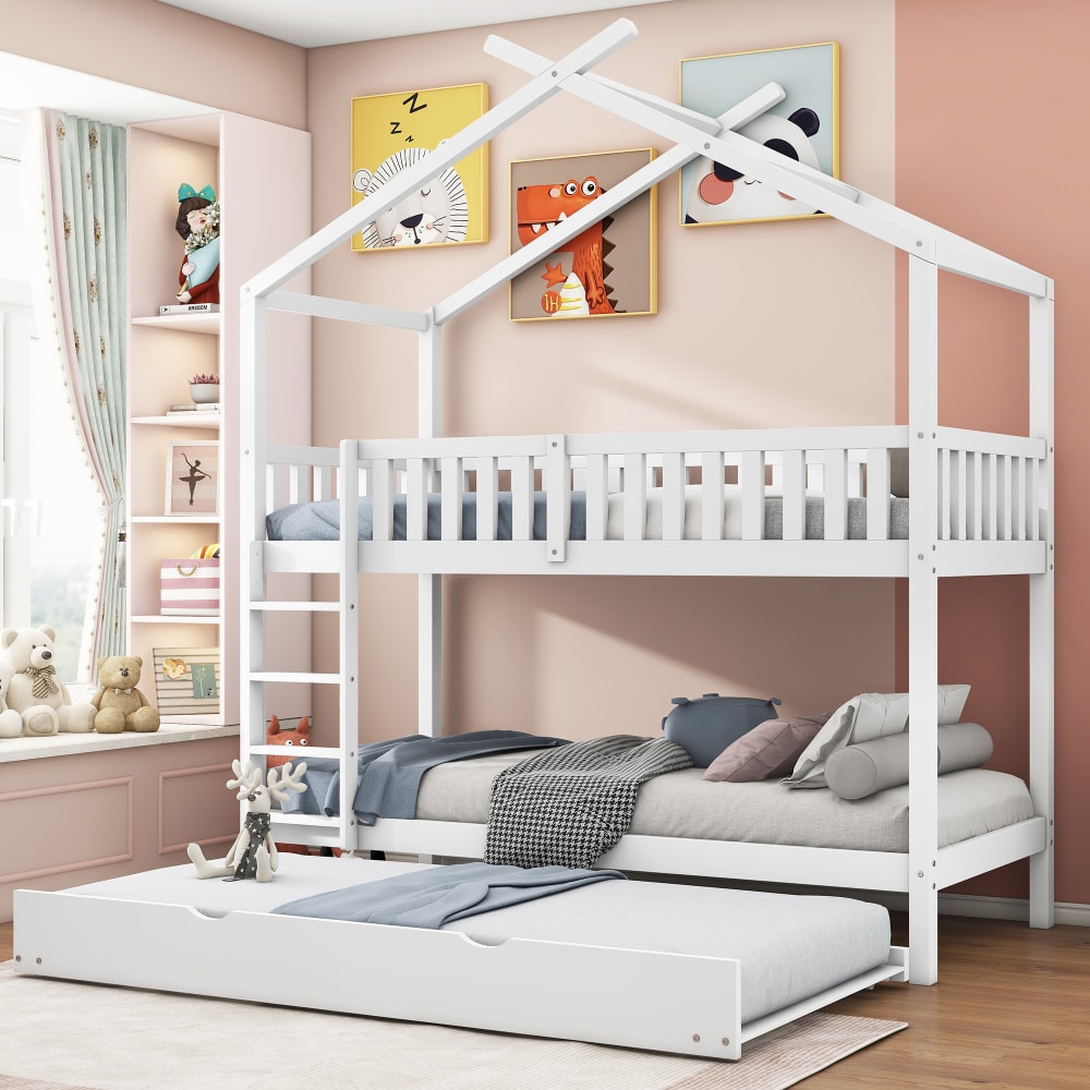 MODFU Hochbett aus holz 90x200 cm, weiß mit ausziehbett style modern Spanplatte Baby