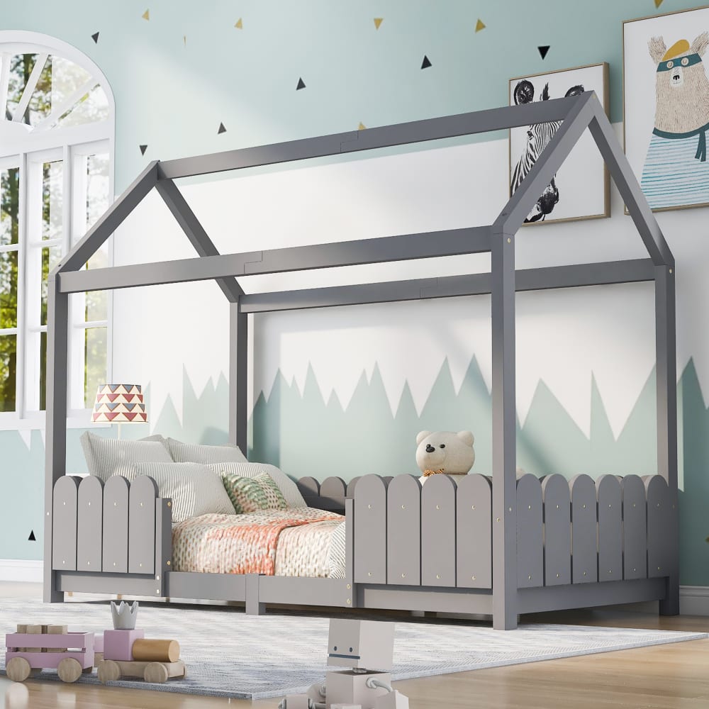 MODFU Kinderbett Holz 90x200 cm, grau mit Tafel und Lattenrost style modern Spanplatte Baby