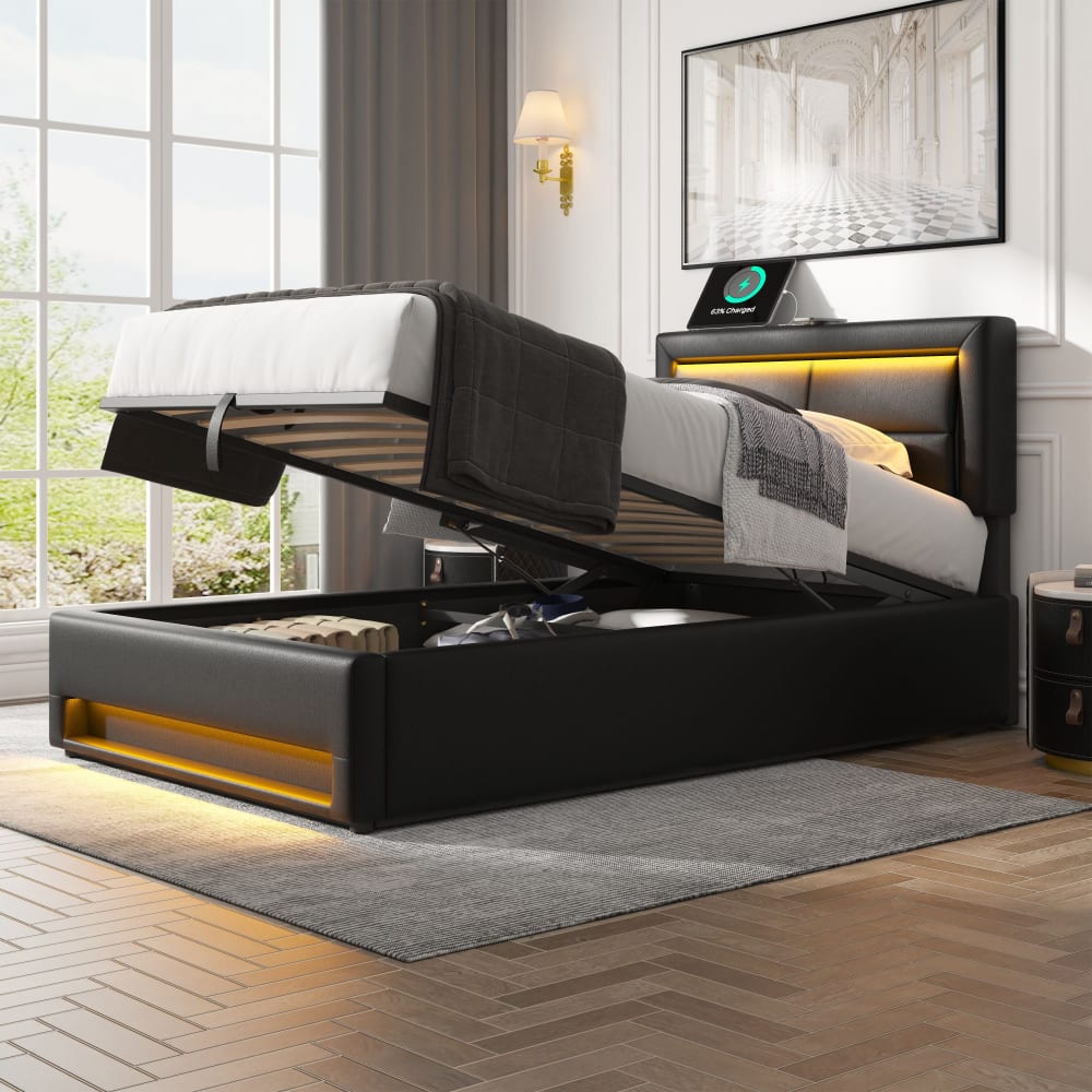 MODFU Bett mit Stauraum 90×200 cm PU, schwarzes mit LED style modern Harz Baby