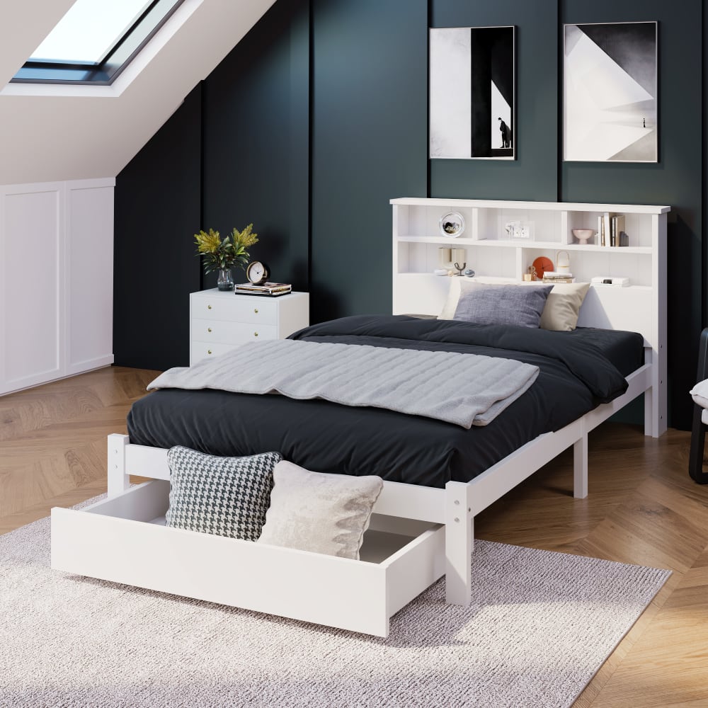 Holz-Kinderbett 90×200 cm, weißes mit 1 Schublade - Maisons Du