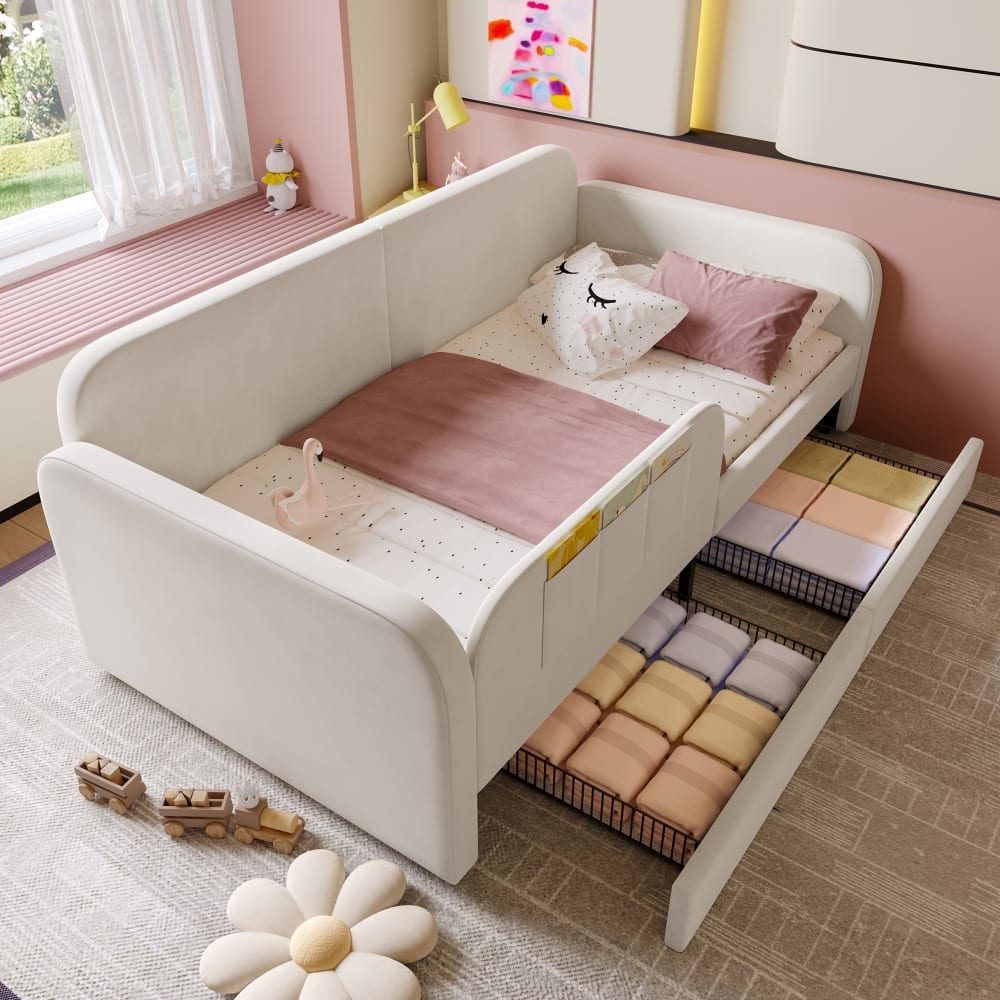 MODFU Kinderbett 90×200cm samt, weißes mit 2 Schubladen style modern Baby -