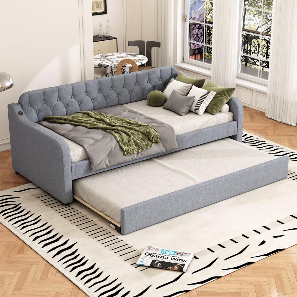 Leinenschlafsofa 90 x 200 cm, graues mit Lattenrost - Maisons Du