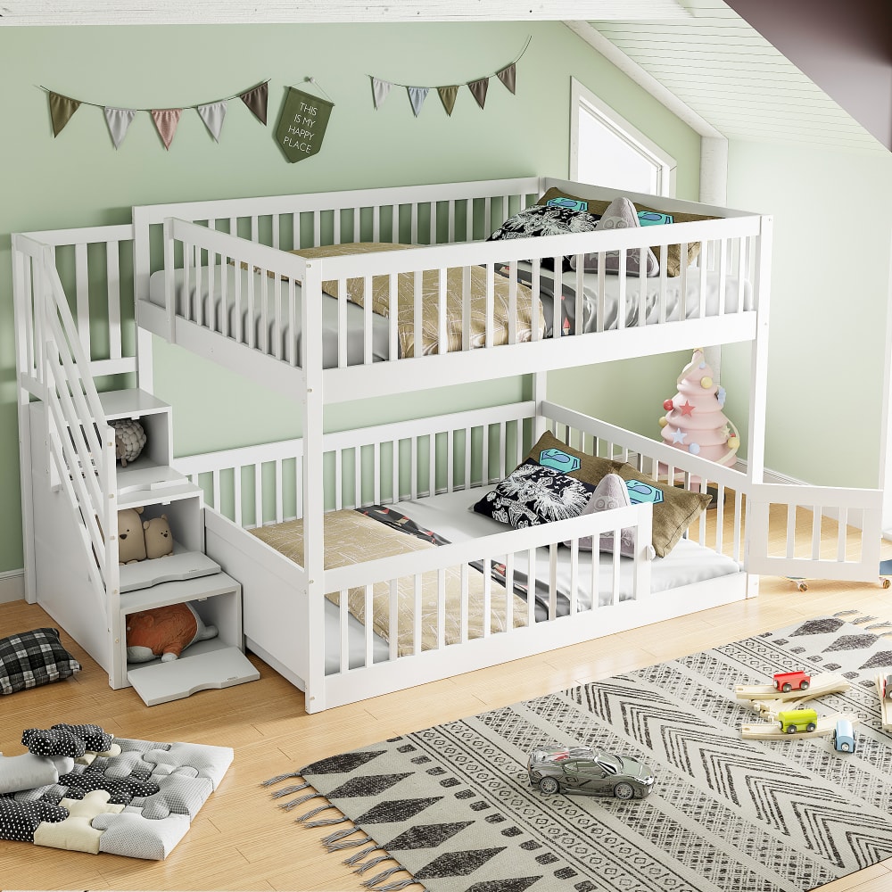 MODFU Hochbett aus Holz 140×200 cm, weißes mit Stauraum style modern Spanplatte Baby