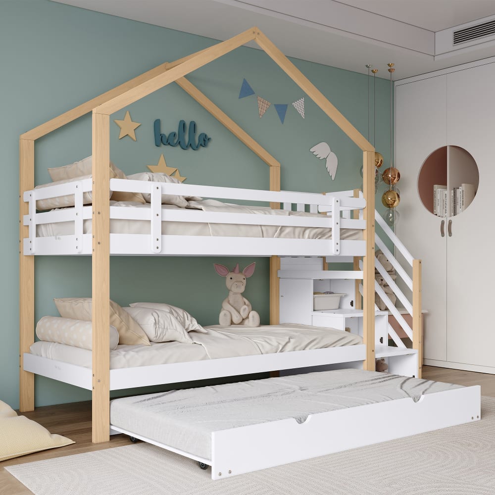 Etagenbett Holz 90x200cm&90x190cm, weiß und natur mit Lattenrost