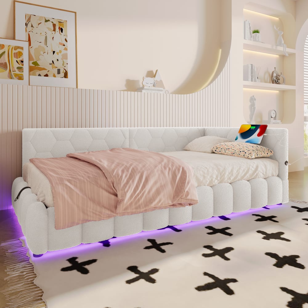 MODFU Schlafsofa aus Samt 90x200 cm, weiß mit LED-Licht und USB Typ-C style modern Samt Baby