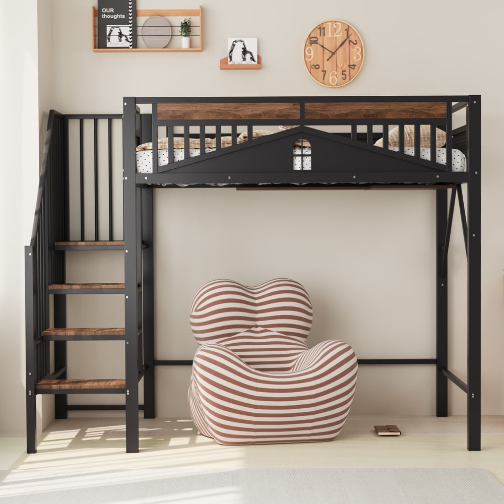 MODFU Hochbett aus Metall 90 x 200 cm, schwarz mit geländer e leiter style modern Metall Baby