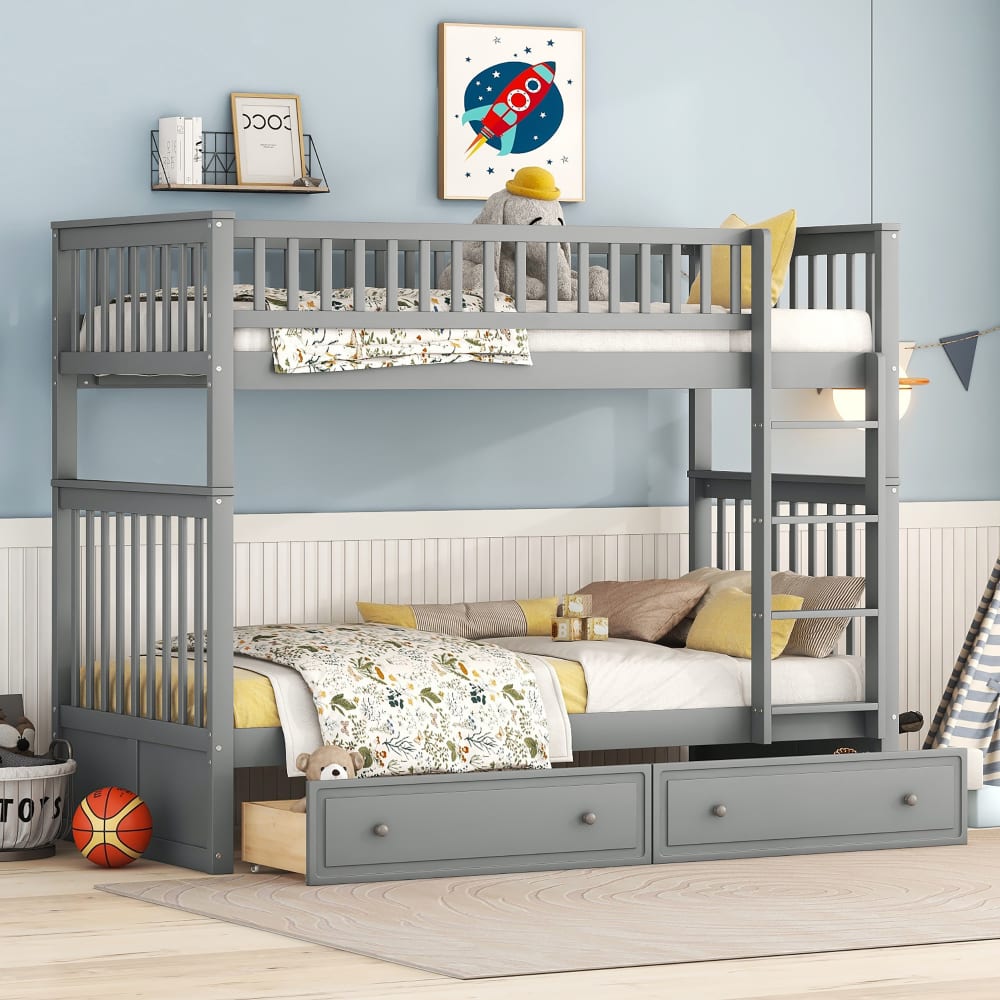 MODFU Etagenbett Holz 90x200 cm, grau mit Schubladen style modern Spanplatte Baby