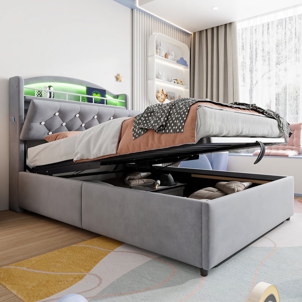 MODFU Stauraumbett Samt 90x200 cm, grau mit LED und USB style modern Samt Baby