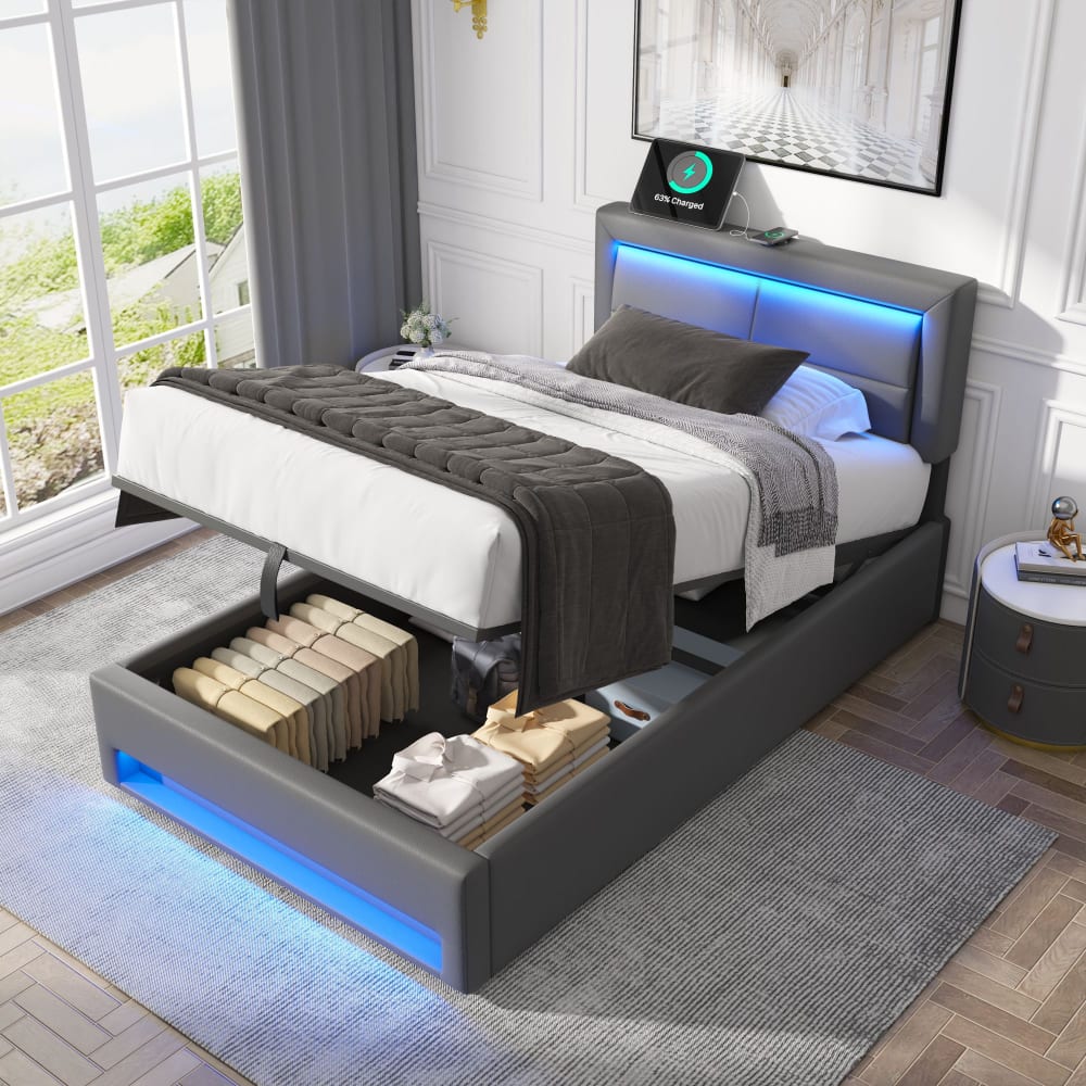 Bett mit Stauraum 90×200 cm PU, graues mit LED - Maisons Du Monde