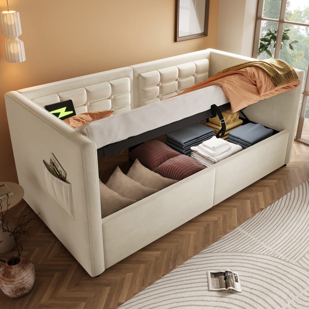 Kinderschlafsofa Samt 90x200 cm, beige mit Stauraum - Maisons Du