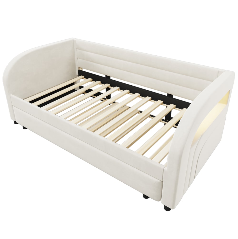 Lit gigogne enfant 90x190/200 cm avec led, tissu beige