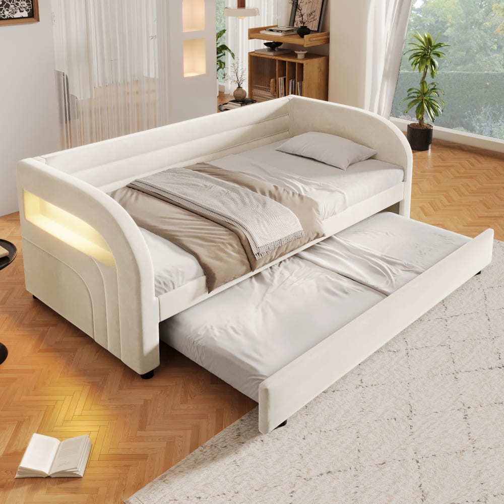Polsterbett 90x200 mit Ausziehbett und LED, Beige - Maisons Du
