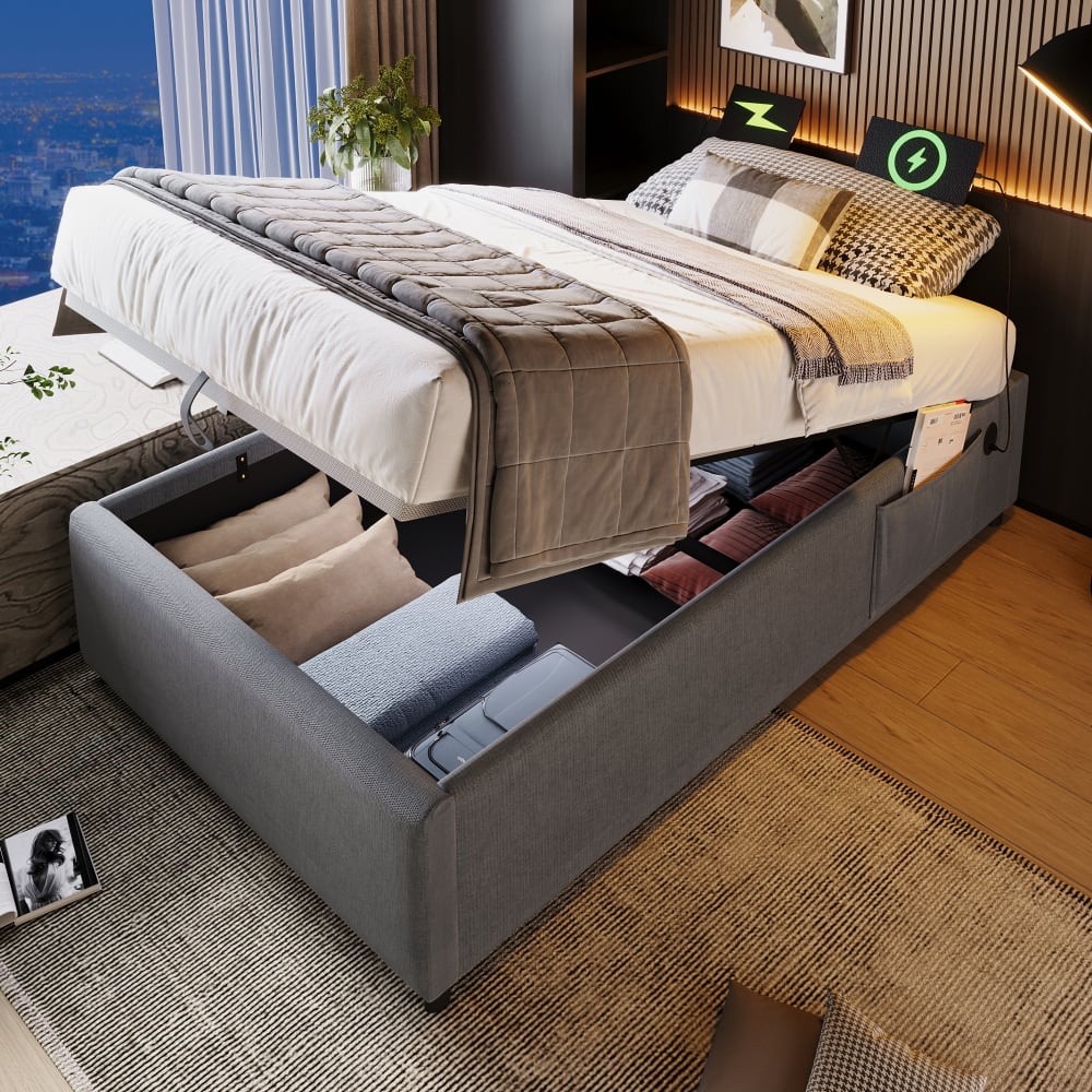 MODFU Kinderbett aus Leinen 90x190 cm mit USB-C-Anschluss, Grau style modern GRAU LEINEN Baby