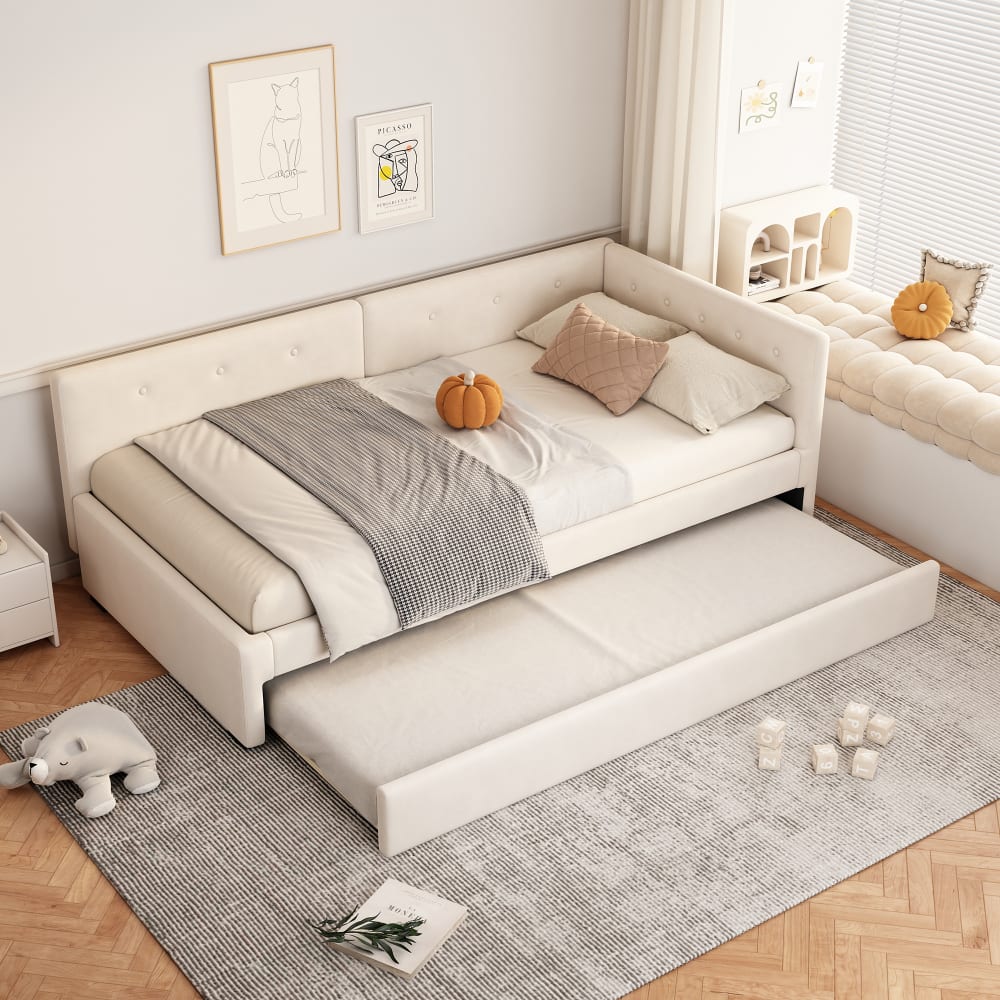 MODFU Schlafsofa 90x200cm samt, beiges mit Lattenrost style modern Baby -