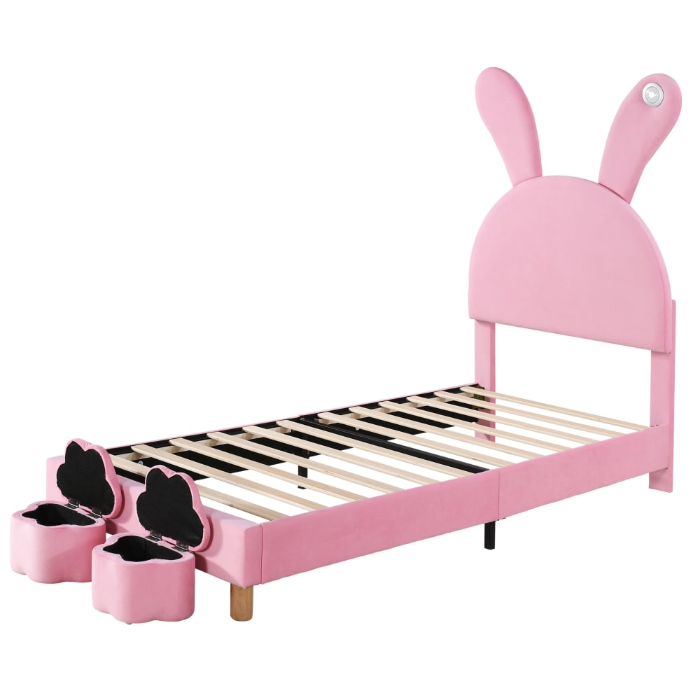 Cama infantil terciopelo rosa 90x200 cm con 2 taburetes con almacenaje