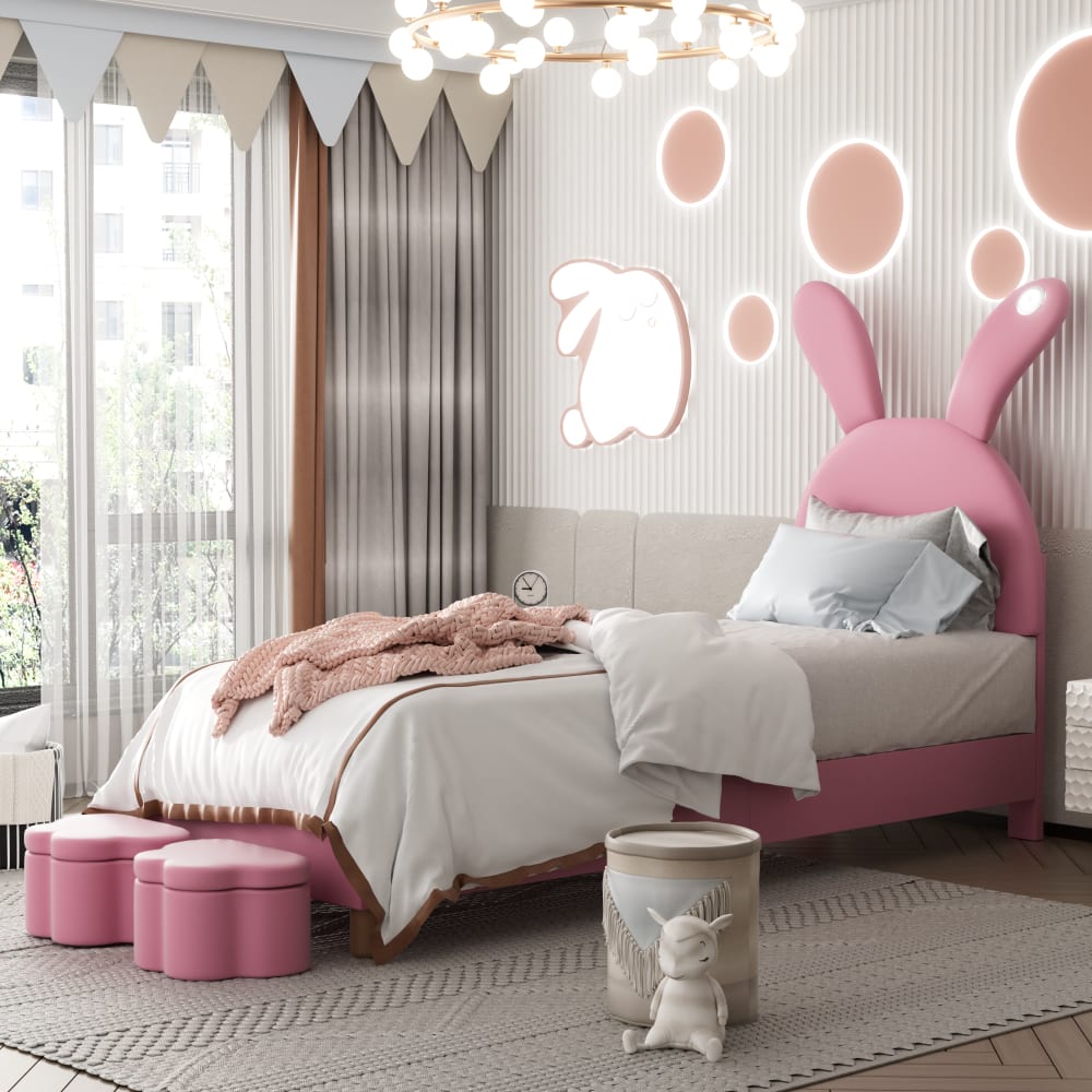 Kinderbett 90×200 cm samt mit 2 Hockern mit Stauraum, rose -