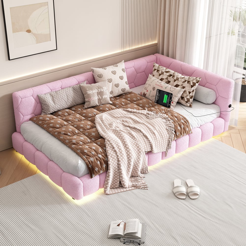 MODFU Schlafsofa aus Samt 90x200 cm, rosa mit LED-beleuchtung und USB style modern Samt Baby